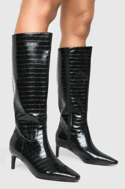 Over The Knee Boots|Knee High Boots*boohoo Wide Fit Croc Knee High Low Heeled Boots black