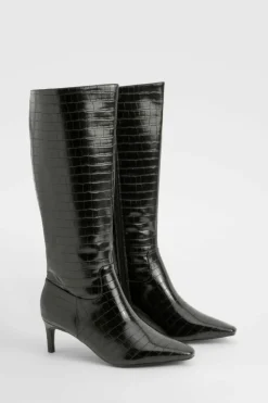 Over The Knee Boots|Knee High Boots*boohoo Wide Fit Croc Knee High Low Heeled Boots black