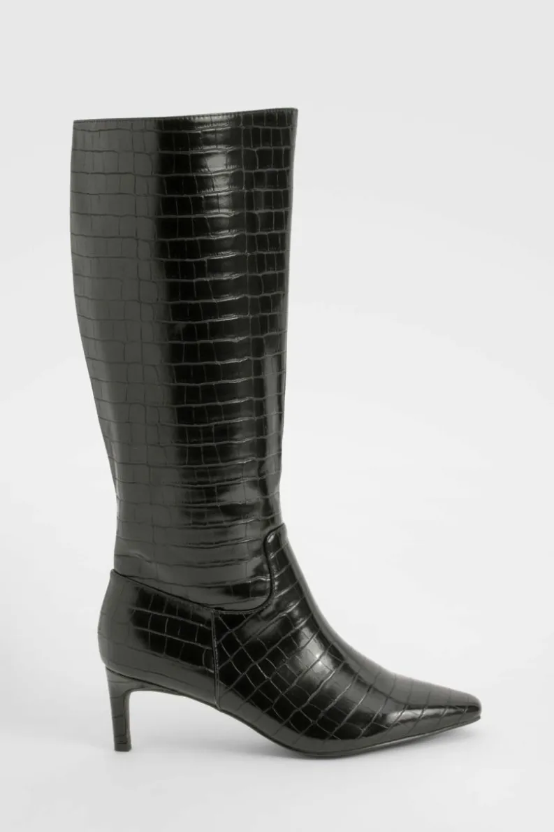 Over The Knee Boots|Knee High Boots*boohoo Wide Fit Croc Knee High Low Heeled Boots black