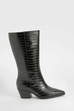Heels|Calf High Boots*boohoo Wide Fit Croc Low Block Calf High Western Boots black