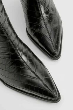 Heels|Calf High Boots*boohoo Wide Fit Croc Low Block Calf High Western Boots black