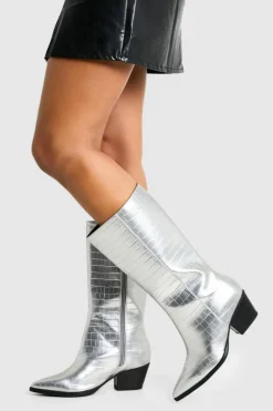 Heels|Calf High Boots*boohoo Wide Fit Croc Low Block Calf High Western Boots silver