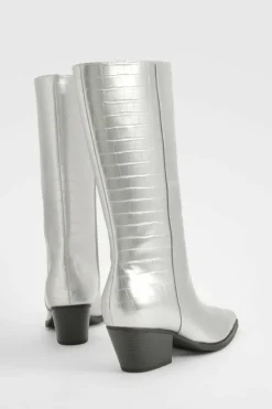 Heels|Calf High Boots*boohoo Wide Fit Croc Low Block Calf High Western Boots silver