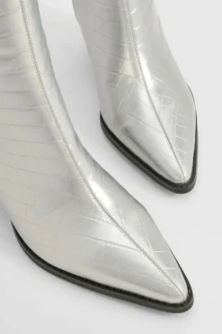 Heels|Calf High Boots*boohoo Wide Fit Croc Low Block Calf High Western Boots silver