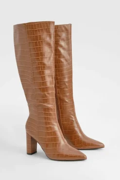 Over The Knee Boots|Heeled Boots*boohoo Wide Fit Croc Pointed Knee High Heeled Boots camel
