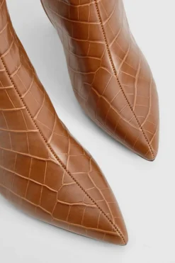 Over The Knee Boots|Heeled Boots*boohoo Wide Fit Croc Pointed Knee High Heeled Boots camel