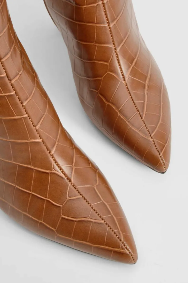 Over The Knee Boots|Heeled Boots*boohoo Wide Fit Croc Pointed Knee High Heeled Boots camel