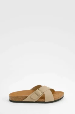 Sandals*boohoo Wide Fit Cross Over Buckle Footbed Sliders taupe