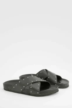 Sandals*boohoo Wide Fit Cross Strap Studded Footbed Sliders black