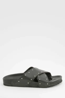 Sandals*boohoo Wide Fit Cross Strap Studded Footbed Sliders black