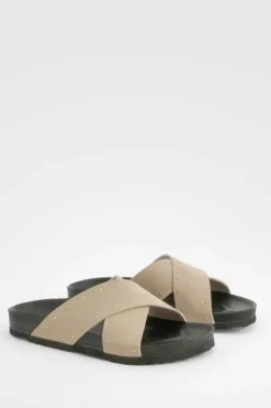 Sandals*boohoo Wide Fit Cross Strap Studded Footbed Sliders taupe