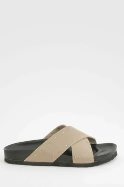 Sandals*boohoo Wide Fit Cross Strap Studded Footbed Sliders taupe