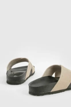 Sandals*boohoo Wide Fit Cross Strap Studded Footbed Sliders taupe