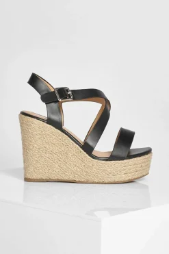 Wedges|Sandals*boohoo Wide Fit Crossover Buckle Wedge black
