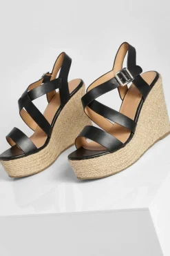 Wedges|Sandals*boohoo Wide Fit Crossover Buckle Wedge black