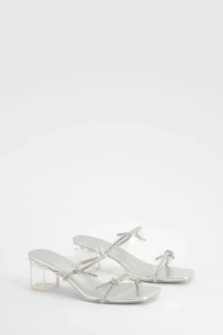 Heels*boohoo Wide Fit Diamante Bow Low Block Heels silver