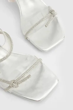 Heels*boohoo Wide Fit Diamante Bow Low Block Heels silver