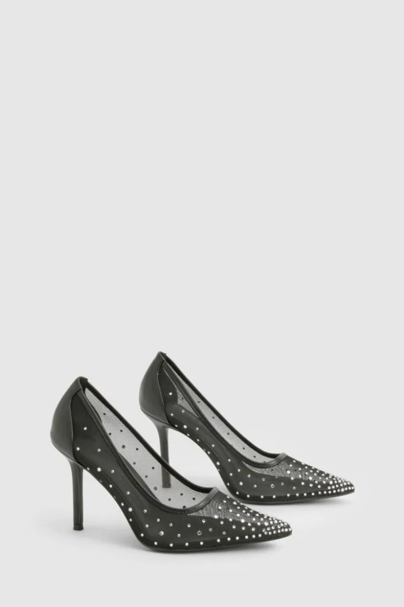 Heels*boohoo Wide Fit Diamante Court Shoes black