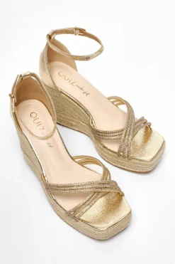 Sandals*Quiz Wide Fit Diamante Cross Strap High Woven Wedges Gold