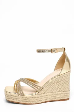 Sandals*Quiz Wide Fit Diamante Cross Strap High Woven Wedges Gold