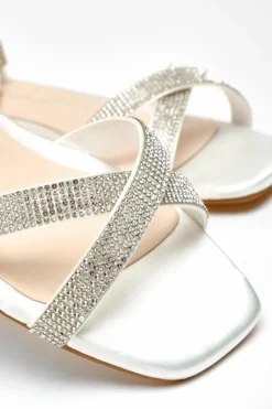 Sandals*Quiz Wide Fit Diamante Cross Strap Flat Sandals White