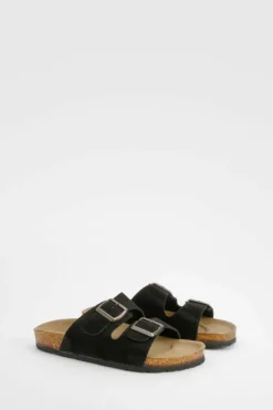 Sandals*boohoo Wide Fit Double Buckle Footbed Slider black