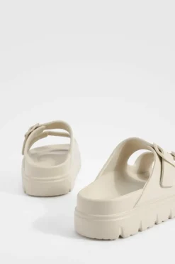 Sandals*boohoo Wide Fit Double Strap Buckle Sliders beige