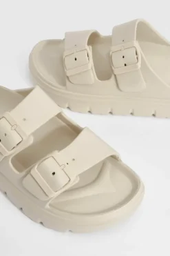 Sandals*boohoo Wide Fit Double Strap Buckle Sliders beige