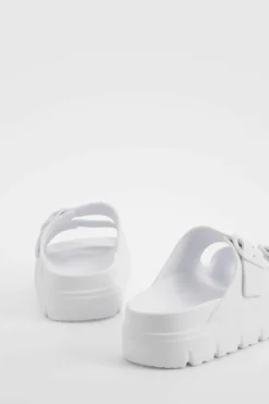 Sandals*boohoo Wide Fit Double Strap Buckle Sliders white