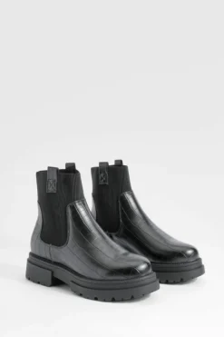 Chunky Boots|All Boots*boohoo Wide Fit Double Tab Croc Chunky Chelsea Boots black