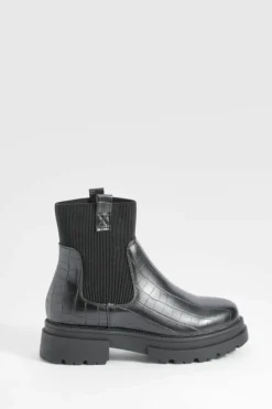 Chunky Boots|All Boots*boohoo Wide Fit Double Tab Croc Chunky Chelsea Boots black