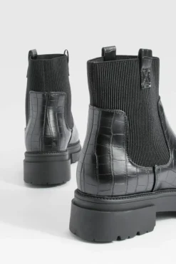 Chunky Boots|All Boots*boohoo Wide Fit Double Tab Croc Chunky Chelsea Boots black