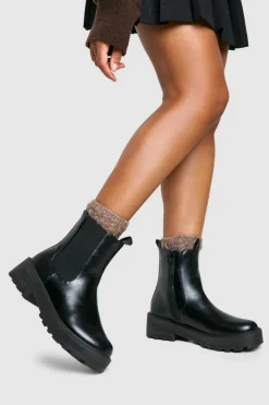 Chunky Boots|All Boots*boohoo Wide Fit Double Tab Detail Chunky Chelsea Boots black
