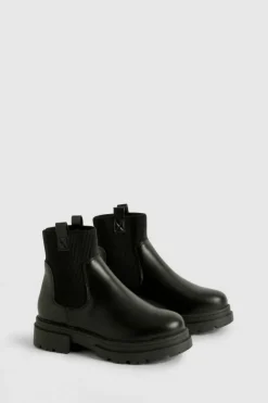 Chunky Boots|All Boots*boohoo Wide Fit Double Tab Detail Chunky Chelsea Boots black