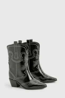 All Boots|Boots*boohoo Wide Fit Embroidery Stitch Detail Western Boots black