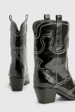 All Boots|Boots*boohoo Wide Fit Embroidery Stitch Detail Western Boots black