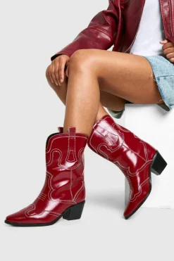 Cowboy Boots|All Boots*boohoo Wide Fit Embroidery Stitch Detail Western Boots red