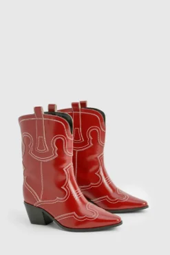 Cowboy Boots|All Boots*boohoo Wide Fit Embroidery Stitch Detail Western Boots red