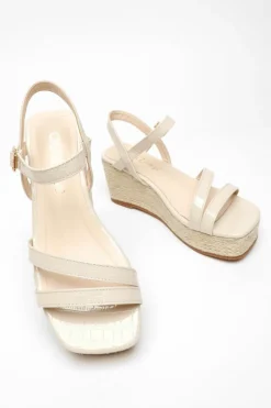 Sandals*Quiz Wide Fit Faux Leather Croc Wedges Nude