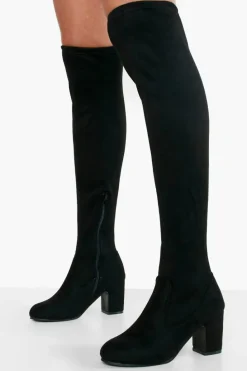 Heels|Over The Knee Boots*boohoo Wide Fit Faux Suede Block Heel Stretch Over The Knee Boots black