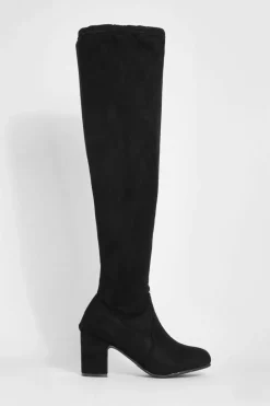 Heels|Over The Knee Boots*boohoo Wide Fit Faux Suede Block Heel Stretch Over The Knee Boots black