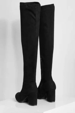 Heels|Over The Knee Boots*boohoo Wide Fit Faux Suede Block Heel Stretch Over The Knee Boots black