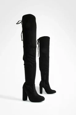 Heels|Over The Knee Boots*boohoo Wide Fit Faux Suede Block Heel Thigh High Boots black