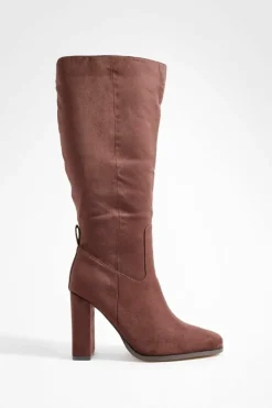 Heels|Over The Knee Boots*boohoo Wide Fit Faux Suede Block Heel Knee High Boots chocolate