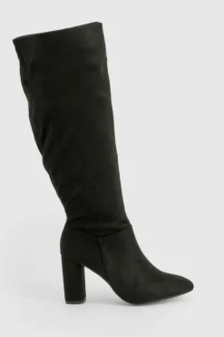 Heels|Over The Knee Boots*boohoo Wide Fit Faux Suede Block Heel Knee High Boots black