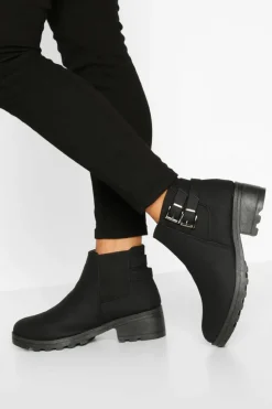Heels|Heeled Boots*boohoo Wide Fit Faux Suede Buckle Detail Block Heel Chelsea Boots black