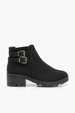 Heels|Heeled Boots*boohoo Wide Fit Faux Suede Buckle Detail Block Heel Chelsea Boots black