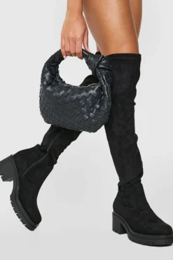 Over The Knee Boots|All Boots*boohoo Wide Fit Faux Suede Cleated Over The Knee Boots black