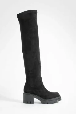 Over The Knee Boots|All Boots*boohoo Wide Fit Faux Suede Cleated Over The Knee Boots black