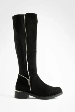 Over The Knee Boots|Knee High Boots*boohoo Wide Fit Faux Suede Knee High Side Zip Boots black